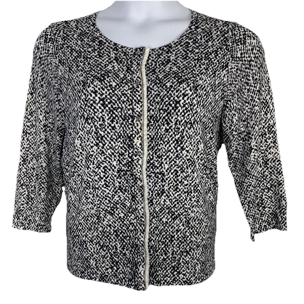 White House Black Market Black White Geo Cardigan Sweater Size Medium EUC, CB64